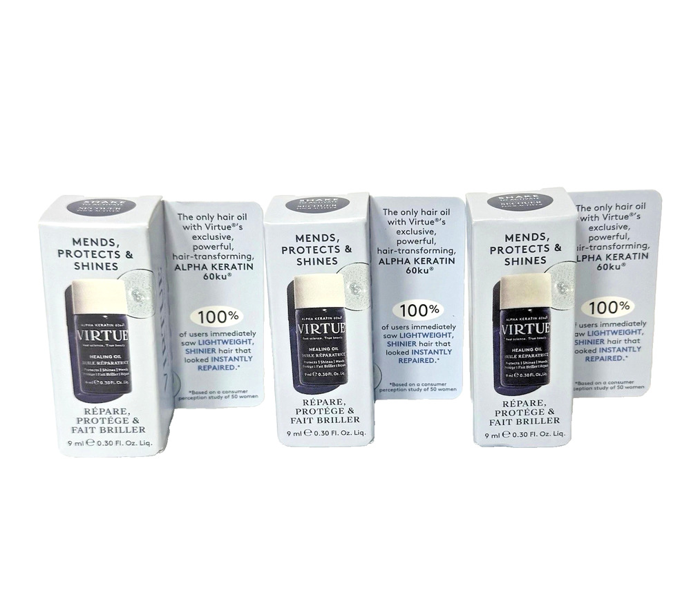 (Lot of 3) Virtue Healing Oil 9ml ea/27ml Total Keratin Hair Repair NEW in Box
